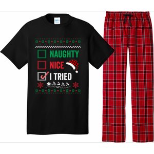 Funny Christmas Nice Naughty I Tried Ugly Red Plaid Gift Pajama Set