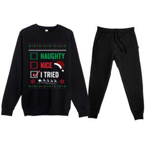 Funny Christmas Nice Naughty I Tried Ugly Red Plaid Gift Premium Crewneck Sweatsuit Set