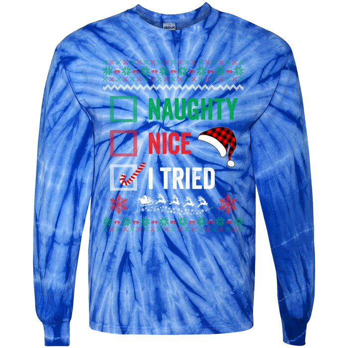 Funny Christmas Nice Naughty I Tried Ugly Red Plaid Gift Tie-Dye Long Sleeve Shirt