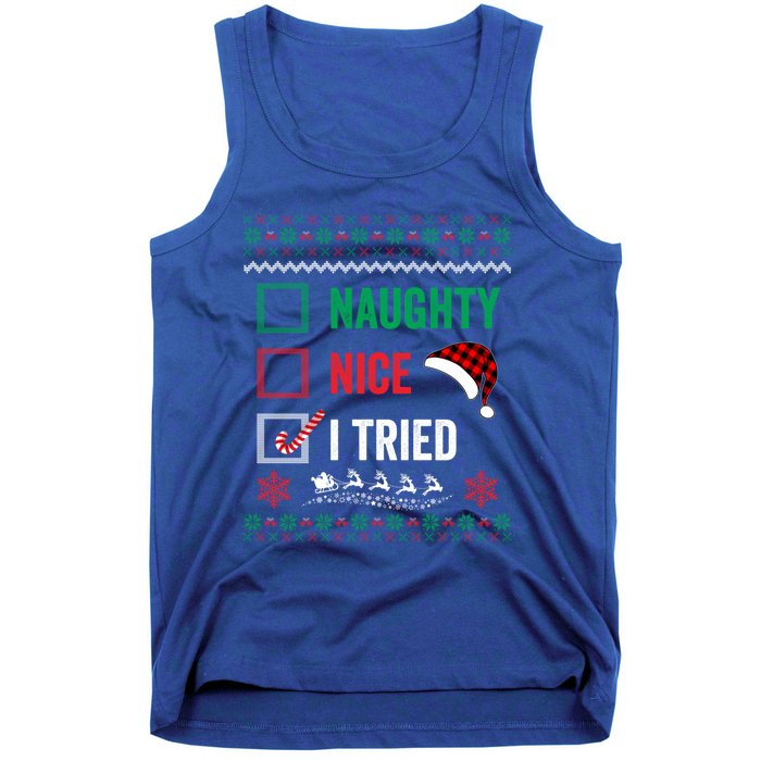 Funny Christmas Nice Naughty I Tried Ugly Red Plaid Gift Tank Top