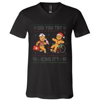 Funny Christmas Nurse Did You Try Icing It Gingerbread Man V-Neck T-Shirt