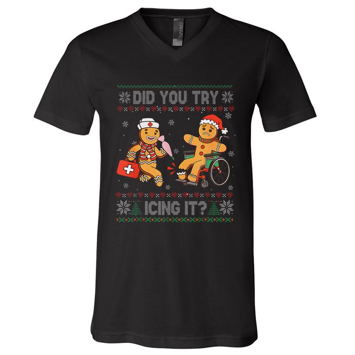 Funny Christmas Nurse Did You Try Icing It Gingerbread Man V-Neck T-Shirt