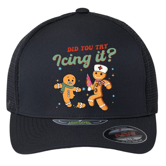 Funny Christmas Nurse Did You Try Icing It Gingerbread Man  Flexfit Unipanel Trucker Cap