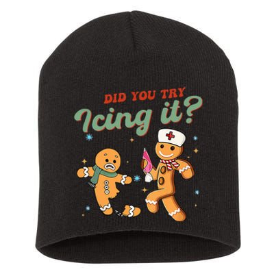 Funny Christmas Nurse Did You Try Icing It Gingerbread Man  Short Acrylic Beanie