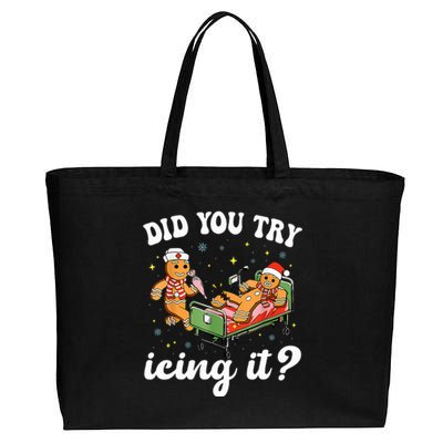 Funny Christmas Nurse Gingerbread Man Did You Try Icing It  Cotton Canvas Jumbo Tote