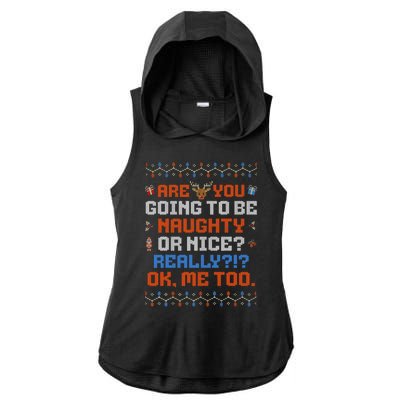 Funny Christmas Naughty Or Nice Ugly Sweater Ladies PosiCharge Tri-Blend Wicking Draft Hoodie Tank