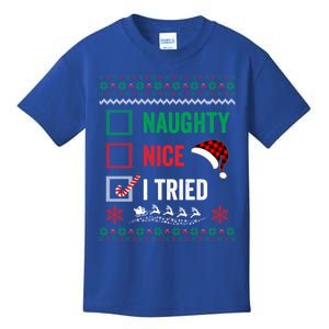 Funny Christmas Nice Naughty I Tried Ugly Red Plaid Gift Kids T-Shirt