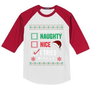 Funny Christmas Nice Naughty I Tried Ugly Red Plaid Gift Kids Colorblock Raglan Jersey