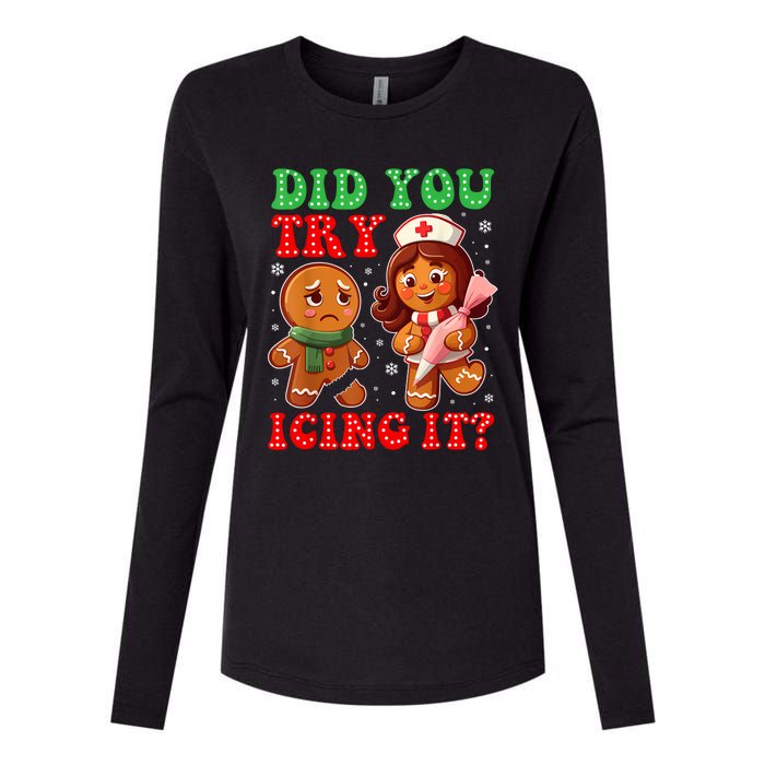 Funny Christmas Nurse Did You Try Icing It Gingerbread Man Womens Cotton Relaxed Long Sleeve T-Shirt