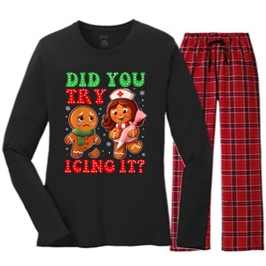 Funny Christmas Nurse Did You Try Icing It Gingerbread Man Women's Long Sleeve Flannel Pajama Set 