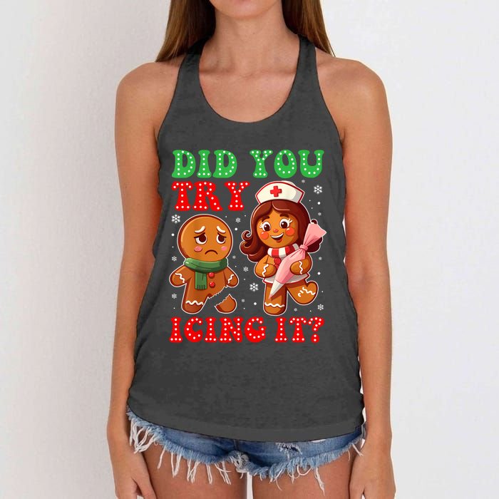 Funny Christmas Nurse Did You Try Icing It Gingerbread Man Women's Knotted Racerback Tank