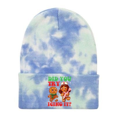 Funny Christmas Nurse Did You Try Icing It Gingerbread Man Tie Dye 12in Knit Beanie