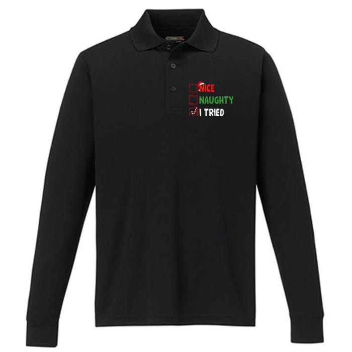 Funny Christmas Nice Naughty I Tried Holiday Xmas 2024 Performance Long Sleeve Polo