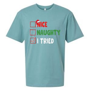 Funny Christmas Nice Naughty I Tried Holiday Xmas 2024 Sueded Cloud Jersey T-Shirt