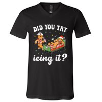 Funny Christmas Nurse Gingerbread Man Did You Try Icing It V-Neck T-Shirt