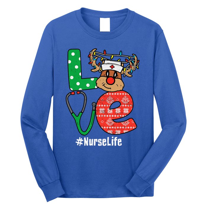 Funny Christmas Nurse Stethoscope Christmas Reindeer Nurse Long Sleeve Shirt