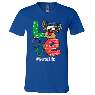 Funny Christmas Nurse Stethoscope Christmas Reindeer Nurse V-Neck T-Shirt