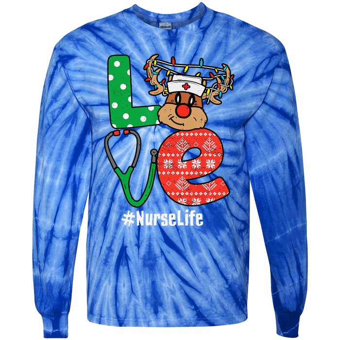 Funny Christmas Nurse Stethoscope Christmas Reindeer Nurse Tie-Dye Long Sleeve Shirt