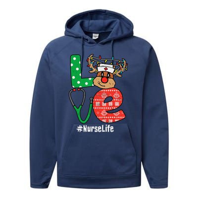 Funny Christmas Nurse Stethoscope Christmas Reindeer Nurse Performance Fleece Hoodie