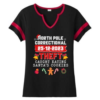 Funny Christmas North Pole Correctional Theft Caught Eating SantaS Cookies Ladies Halftime Notch Neck Tee