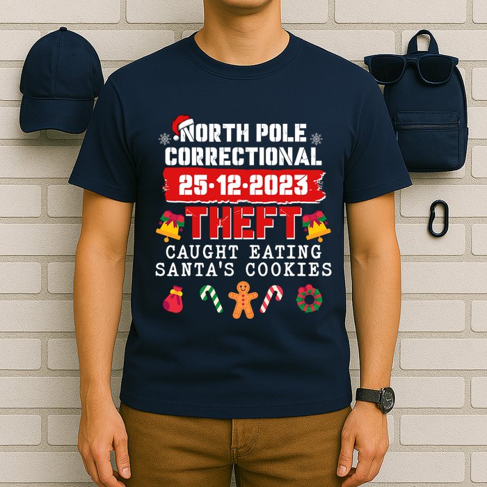 Funny Christmas North Pole Correctional Theft Caught Eating SantaS Cookies T-Shirt