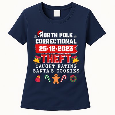 Funny Christmas North Pole Correctional Theft Caught Eating SantaS Cookies Womens T-Shirt