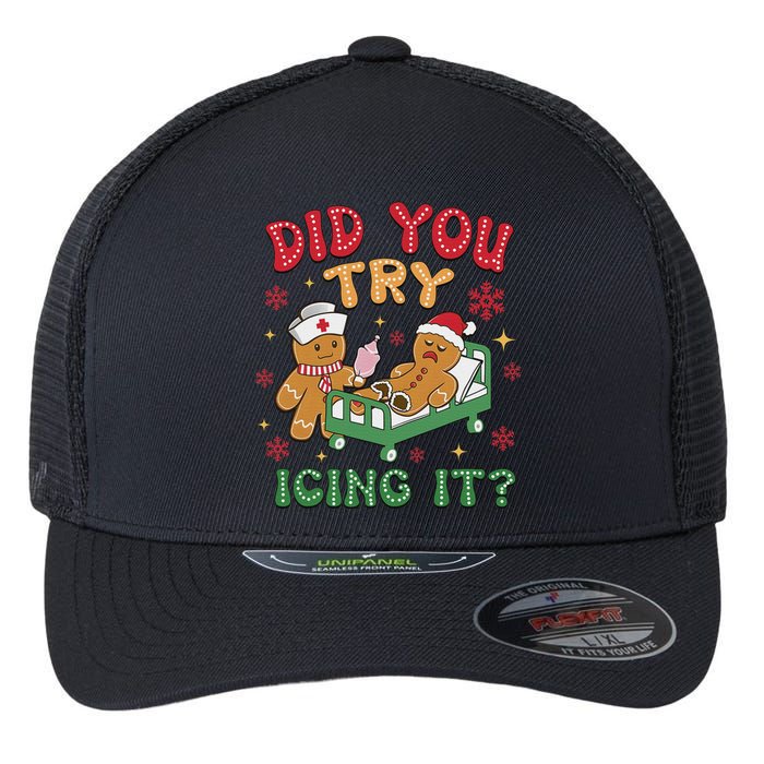 Funny Christmas Nurse Gingerbread Man Did You Try Icing It Flexfit Unipanel Trucker Cap