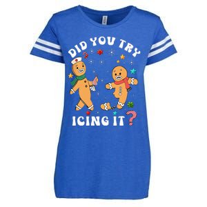 Funny Christmas Nurse Gingerbread Man Did You try Icing it Enza Ladies Jersey Football T-Shirt