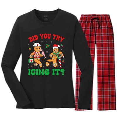 Funny Christmas Nurse Did You Try Icing It Gingerbread Man Women's Long Sleeve Flannel Pajama Set 