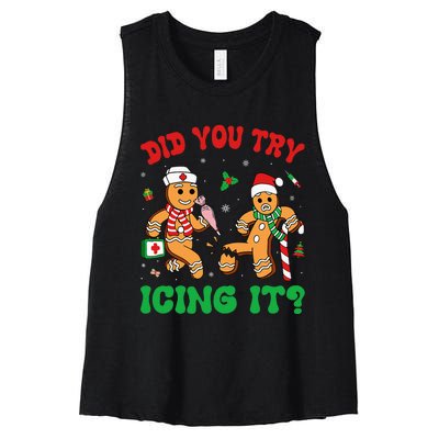 Funny Christmas Nurse Did You Try Icing It Gingerbread Man Women's Racerback Cropped Tank