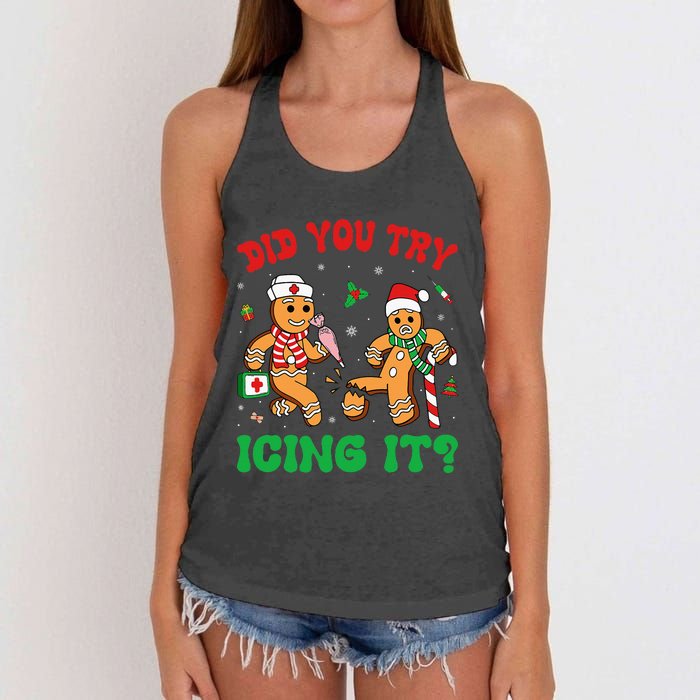 Funny Christmas Nurse Did You Try Icing It Gingerbread Man Women's Knotted Racerback Tank