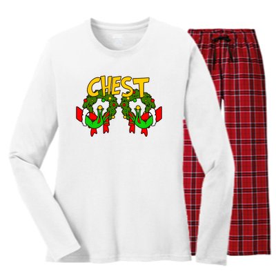 Funny Chest Nuts Couples Matching Christmas Humor Boobs Adult Joke Women's Long Sleeve Flannel Pajama Set 