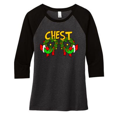 Funny Chest Nuts Couples Matching Christmas Humor Boobs Adult Joke Women's Tri-Blend 3/4-Sleeve Raglan Shirt