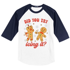 Funny Christmas Nurse Gingerbread Man Did You Try Icing It Baseball Sleeve Shirt