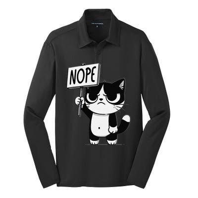 Funny Cat Nope Grumpy Face Cat Sarcastic Mom Dad Silk Touch Performance Long Sleeve Polo