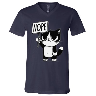 Funny Cat Nope Grumpy Face Cat Sarcastic Mom Dad V-Neck T-Shirt