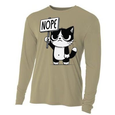 Funny Cat Nope Grumpy Face Cat Sarcastic Mom Dad Cooling Performance Long Sleeve Crew