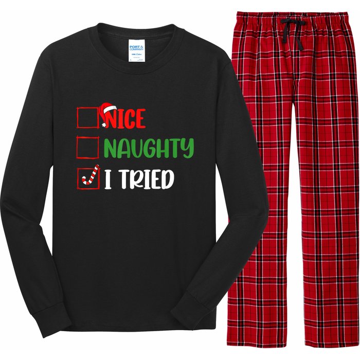 Funny Christmas Nice Naughty I Tried Holiday Xmas 2024 Gift Long Sleeve Pajama Set