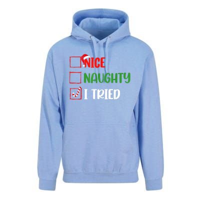 Funny Christmas Nice Naughty I Tried Holiday Xmas 2024 Gift Unisex Surf Hoodie