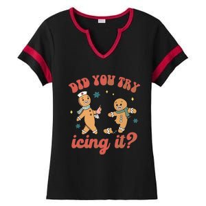 Funny Christmas Nurse Gingerbread Man Did You Try Icing It Ladies Halftime Notch Neck Tee