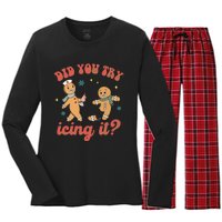 Funny Christmas Nurse Gingerbread Man Did You Try Icing It Women's Long Sleeve Flannel Pajama Set 