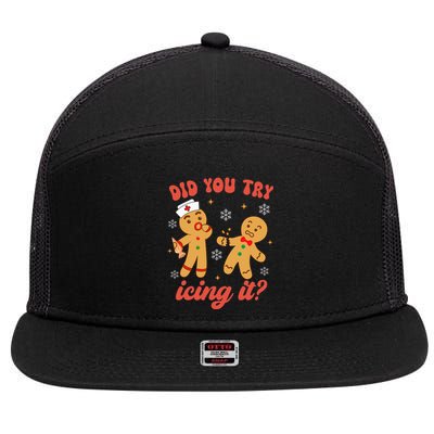 Funny Christmas Nurse Gingerbread Man Did You Try Icing It 7 Panel Mesh Trucker Snapback Hat