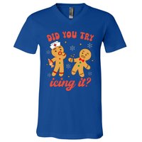 Funny Christmas Nurse Gingerbread Man Did You Try Icing It V-Neck T-Shirt