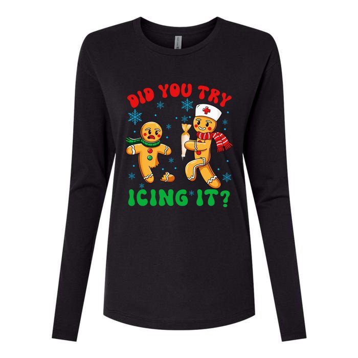 Funny Christmas Nurse Did You Try Icing It Gingerbread Man Womens Cotton Relaxed Long Sleeve T-Shirt