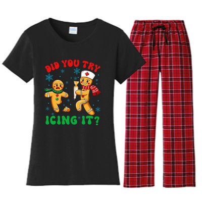 Funny Christmas Nurse Did You Try Icing It Gingerbread Man Women's Flannel Pajama Set