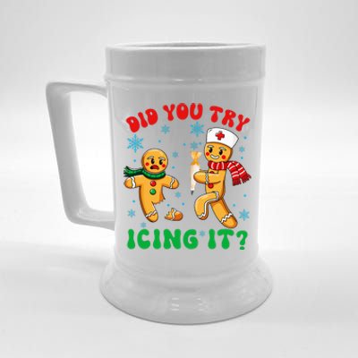 Funny Christmas Nurse Did You Try Icing It Gingerbread Man Beer Stein