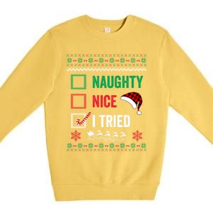 Funny Christmas Nice Naughty I Tried Ugly Red Plaid Gift Premium Crewneck Sweatshirt