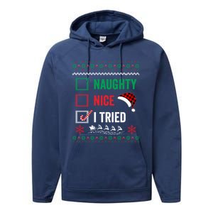 Funny Christmas Nice Naughty I Tried Ugly Red Plaid Gift Performance Fleece Hoodie