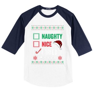 Funny Christmas Nice Naughty I Tried Ugly Red Plaid Gift Baseball Sleeve Shirt