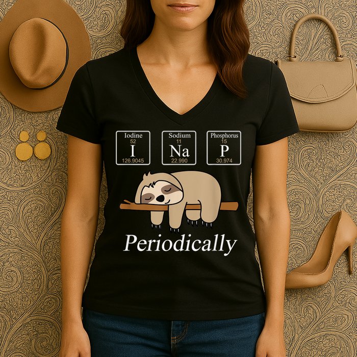 Funny Chemistry Nerdy Lazy Sloth I Nap Periodically Women's V-Neck T-Shirt